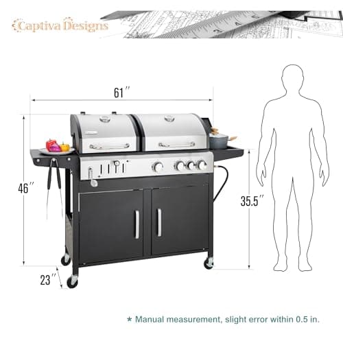 Captiva Designs Propane Gas Grill and Charcoal Grill Combo with Side Burner & Porcelain-Enameled Cast Iron Grate, Dual Fuel BBQ Grill for Outdoor Events & Backyard Barbecue, 690 SQIN Cooking Area