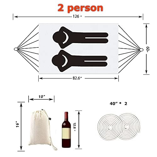 Indoor Hammock with Macrame Fringe for 2 Persons,Double Boho Hammocks with Tassels,Portable Cotton Rope Hamaca Swing with Travel Bag for Outside,Porch,Garden,Patio,Backyard,Up to 500lbs White