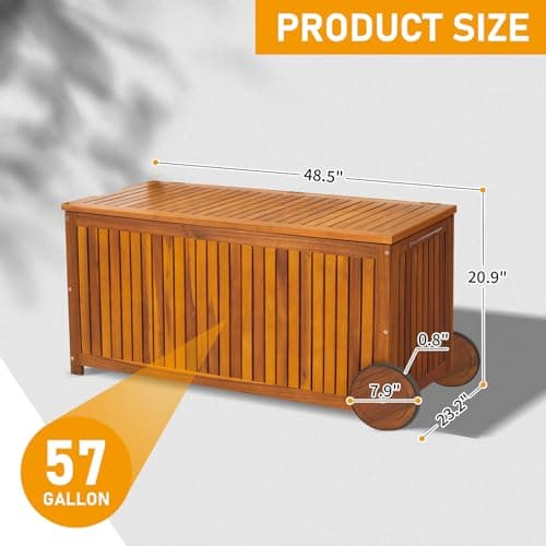 VINGLI 57 Gallon Wooden Outdoor Storage Box, Acacia Patio Storage Deck Box with Wheels, Outdoor Storage Bin Design with Water-Resistant Inner Bag, Garden Organizer Box for Indoors & Outdoors