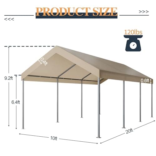 Shintenchi 10x20ft Heavy Duty Carport with UV Resistant Canopy, Powder-Coated Steel Frame, Easy to Assemble Portable Garage, Stable Carport for Car, Bike, Camp, Outdoor Storage (Khaki)