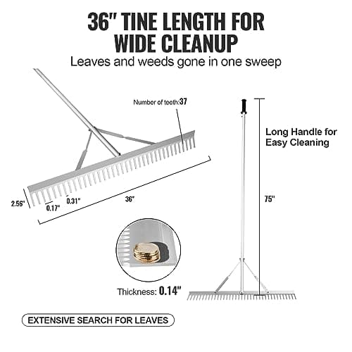 VEVOR Landscape Rake, 36" Head Aluminum Lake Weed Rake with 75" Long Handle for Loosening Soil, Lawn Care, Weeding Lake, Garden, Silver