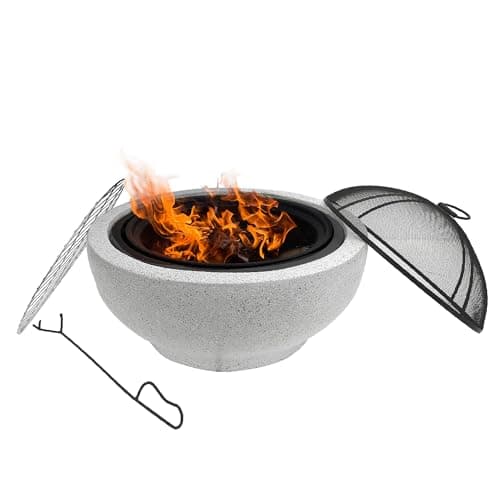 Teamson Home Round Steel Outdoor Fire Pit Outside Wood Burning Firepit Bonfire with Spark Screen, Firebowl, Poker, Stainless Steel Rack, Charcoal Grill for Patio Garden Backyard BBQ, 24 Inch, Gray