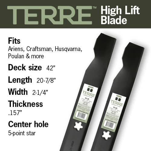 Terre Products, 2 Pack High Lift Lawn Mower Blades, 42 Inch Deck, Compatible with Craftsman LT1000, Ariens, Husqvarna, Poulan, Snapper, Sears, Replacement for 138971, 134149, 138498, 532138971