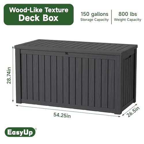 150 Gallon Outdoor Storage Box, Resin Waterproof UV-Resistant Deck Box with Hydraulic Lid Support, Reinforced Stability for Patio, Garden, and Poolside, Striped Black