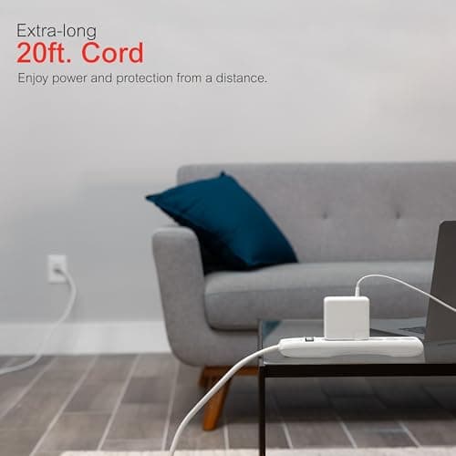 GE 6-Outlet Surge Protector, 20 Ft Extension Cord, Power Strip, 800 Joules, Flat Plug, Twist-to-Close Safety Covers, Protected Indicator Light, UL Listed, White, 50770