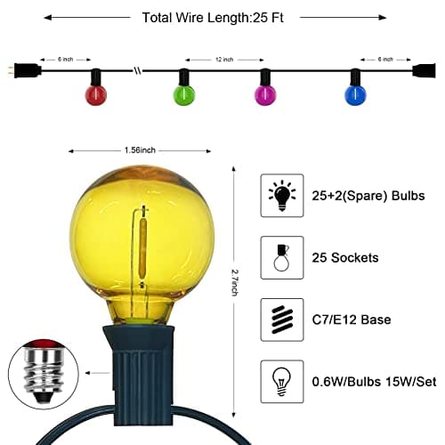 G40 LED Outdoor String Lights，25Ft Globe Multicolor Christmas Decorations String Lights with 27 Shatterproof LED Bulbs, Hanging Outdoor Patio Lights for Outside Backyard Porch Balcony Party- Black