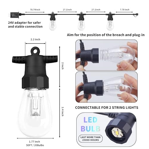Outdoor String Lights 50FT, Outdoor Lights for Patio with 20 Dimmable RGBW LED Bulbs, IP66 Waterproof Shatterproof, with APP Control & Remote, 24V Adapter Color Change,for Backyard Decor