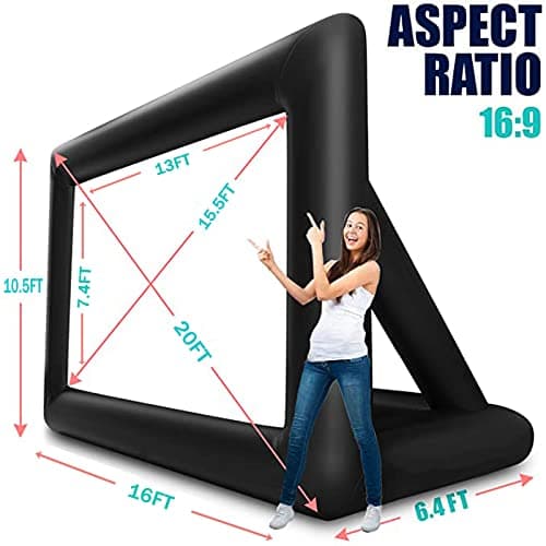20 feet Inflatable Portable Projector Movie Screen - Huge Air-Blown Cinema Projection Screen Package with Rope, Blower,Tent Stakes - Front & Rear Projection,for Outdoor Party Backyard Pool Fun