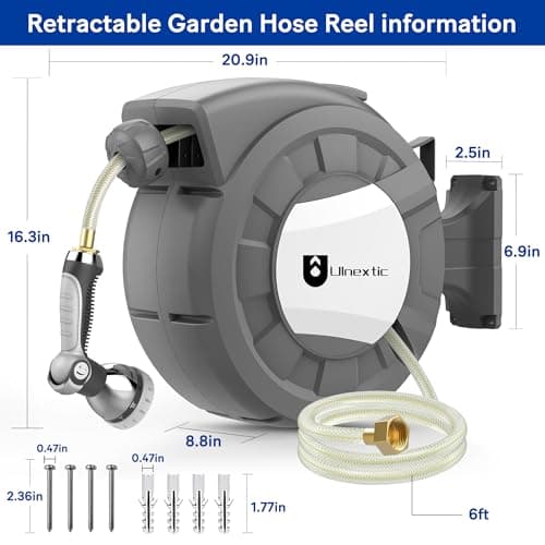 Retractable Garden Hose Reel, 1/2 in x 100 ft Wall Mounted Hose Reel, 10-Pattern Spray Nozzle, Any Length Lock/Slow Return System/Wall Mounted/180°Swivel Bracket