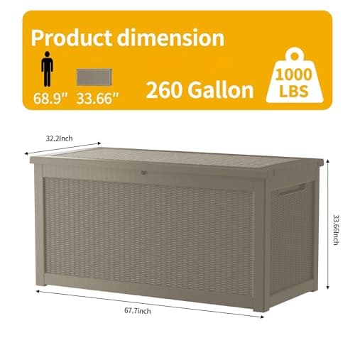 260 Gallon Resin Deck Box, Waterproof Outdoor Storage Box, Lockable for Patio Furniture, Garden Tools, Pool Accessories, UV-Resistant for All Weather Use, Coffee