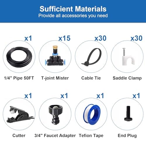 Misters for Outside Patio, Outdoor Water Misting Cooling System 50FT|15M. Backyard Mist Kit for Garden Greenhouse Fan Deck Umbrella Canopy Pool Porch Trampoline Sprinkler Park BBQ Party Accessories.
