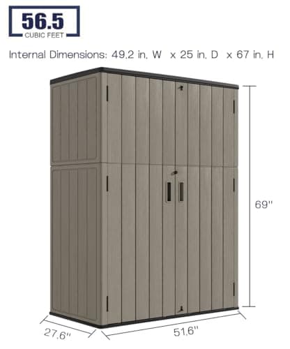 KINYING Outdoor Vertical Storage Shed,57 Cu.ft Outdoor Storage Cabinet Waterproof,Resin Sheds & Outdoor Storage Clearance for Garden,Patio,Backyard,Lockable (Brown)