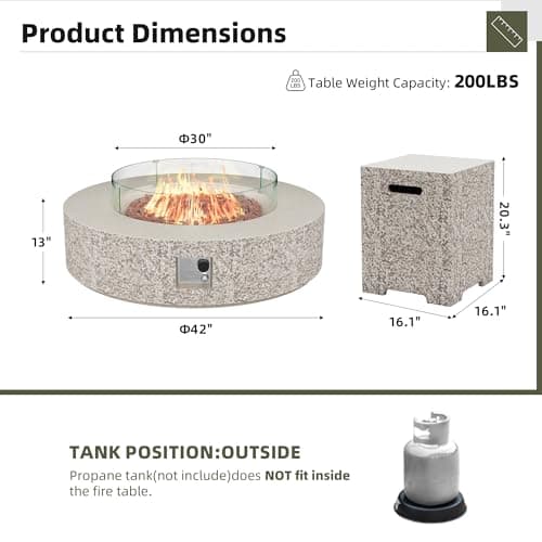 UPHA 42-inch Outdoor Propane Gas Fire Pit Table 50000 BTU Concrete Rectangle FirePit for Outside Patio with Propane Tank Cover, Wind Guad, Lava Rocks, Rain Cover, Beige Texture