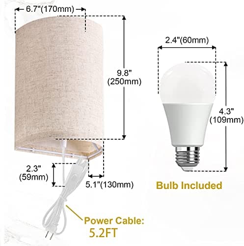 AVV Wall Sconces Set of Two, Wall Lamp Plug in with On/Off Switch, 2700K 4000K 5000K Selectable, Wall Lights for Bedroom, Living Room, Wall Decor for Bedroom, Fabric Linen Lamp Shades