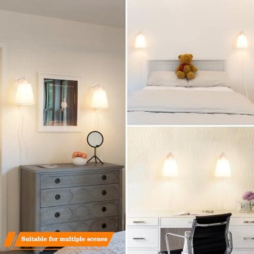 White Plug in Wall Sconces Set of Two, White Wall Sconce with Cord, Bedside Wall Lamps Plug in Set of 2 with Fabric Linen Shade, Wall Decor Bedroom Sconces for Living Room Hallway Porch