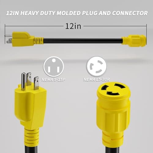 3 Prong 15 Amp to 30 Amp RV Generator Adapter Cord, NEMA 5-15 Male Plug to NEMA L5-30 Female Plug, 12 Inch(1 FT) 10 Gauge STW Heavy Duty Power Cord, Max 15A 125V 1875W, Yellow, ETL Listed