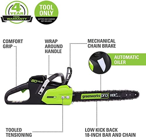 Greenworks 80V 18" Brushless Cordless Chainsaw (Great for Tree Felling, Limbing, Pruning, and Firewood) / 75+ Compatible Tools), Tool Only, Black & Green