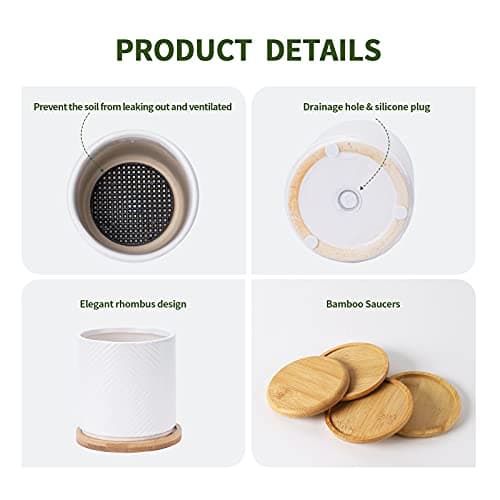 AOMRYOM 4 Inch Ceramic Plant Pots with Drainage Hole and Saucer, Modern Small Indoor Outdoor Flower Planter for Succulent, Cactus and Herbs, Geometric Patterns, White, Set of 4 (Plant Not Included)