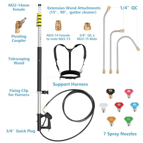 24 FT Telescoping Pressure Washer Wand Extension, Aluminum Power Washer Extension Wand with 7 Nozzle Tips, 3 Adapters & Support Harness, Gutter Cleaning Tools for 2 Story House