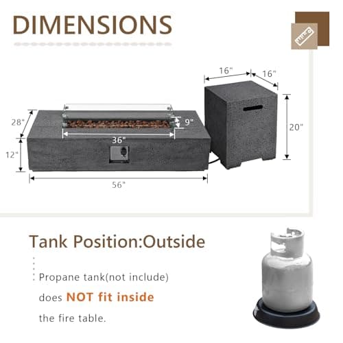 COSIEST 56 x 28 inch Outdoor Propane Fire Pit Coffee Table w Concrete Rectangle Base, CSA Certified, 50,000 BTU, Free Lava Rocks and RainCover, Fits 20lb Tank Outside, Wind Guard, Tank Cover, Gray