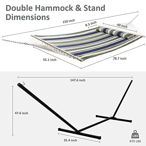 SUNCREAT Double Hammock, Extra Large Quilted Fabric Swing with Hardwood Spreader Bars & Detachable Pillow, Heavy Duty, Perfect for Indoor/Outdoor Patio, Deck, Yard, Blue&Aqua