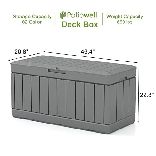 Patiowell 82 Gallon Resin Deck Box, Waterproof Large Wood Look Storage Box for Patio Furniture, Pool Accessories, Garden Tools and Sports Equipment, Lockable, Grey