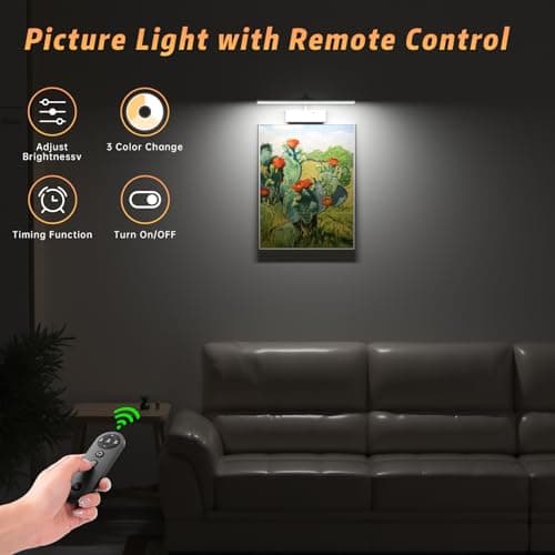 Picture Light with Remote, 15.35inch Wireless Rechargeable Battery Wall Light for Paintings, 3 Colors Paintings Light Dimmable and Timer Metal Art Light for Display, Wall, Artwork, Gallery (White)