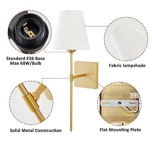 Wall Sconces Sets of 2, White Fabric Shades Wall Sconces, Hardwired Retro Industrial Wall Lamps, Bathroom Vanity Sconces Wall Lighting, Wall Mounted Lamps for Bedroom Living Room Kitchen Mirror