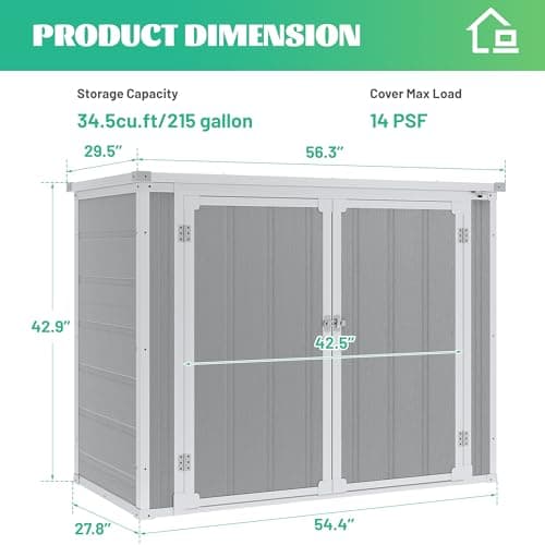 4.7x2.5ft Horizontal Resin Shed with Floor, 34.5 Cu Ft Outdoor Storage Shed for Trash Cans and Garden Tools, Waterproof Plastic Outdoor Shed for Lawn Mower, Pool Toys, Bicycle (Gray)