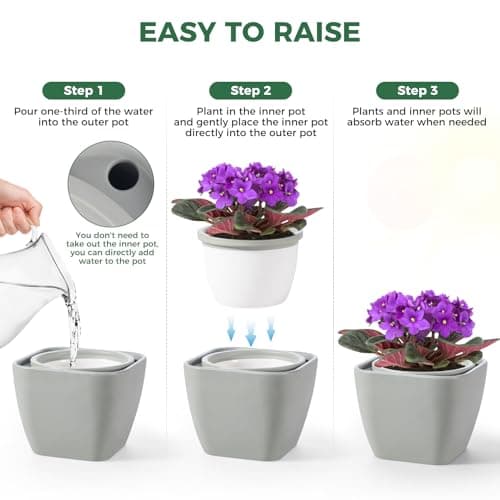 African Violet Pot Self Watering Ceramic Planter Pots, Easy Self Watering Planter for Busy Plant Lovers, Automatically Absorb Appropriate Amount of Water - Plants Not Included