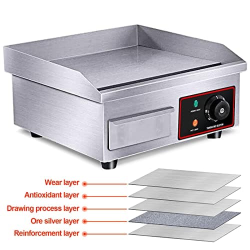 22" Electric Countertop Flat Top Griddle 1600W 110V Non-Stick Commercial Restaurant Teppanyaki Grill Stainless Steel Adjustable Temperature Control 50~300℃