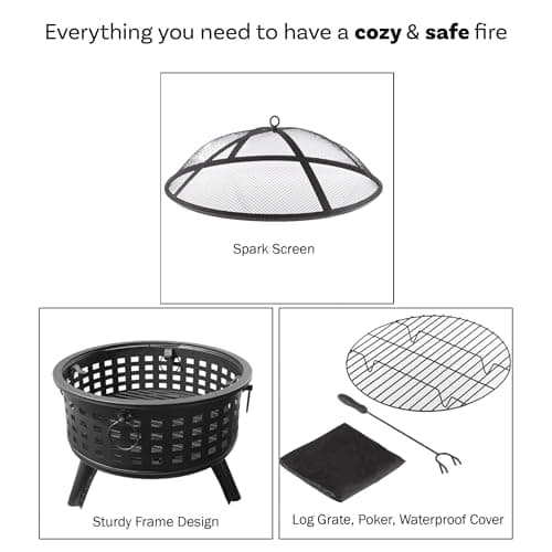 Outdoor Fire Pit - 26-Inch Round Lattice Wood Burning Firepit with Screen, Poker, Grate and Cover - Wood Fire Pits & Outdoor Fireplaces by Pure Garden