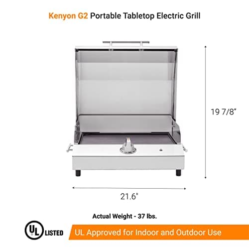 KENYON G2 Portable Tabletop Electric Grill, 1440W Single Burner, Stainless Steel Body, Cast Aluminum Grate, UL Approved Grill For Indoor And Outdoor Use, Removable Lid, Dishwasher Safe, 120Volts