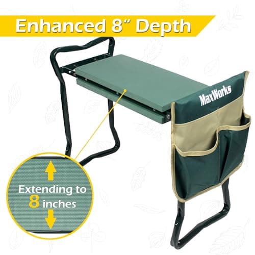 MaxWorks 50921 Folding Garden Kneeler Stool with 8 inch Wide Kneeling Pad, with 1 Tools Pouch for Planting and Gardening