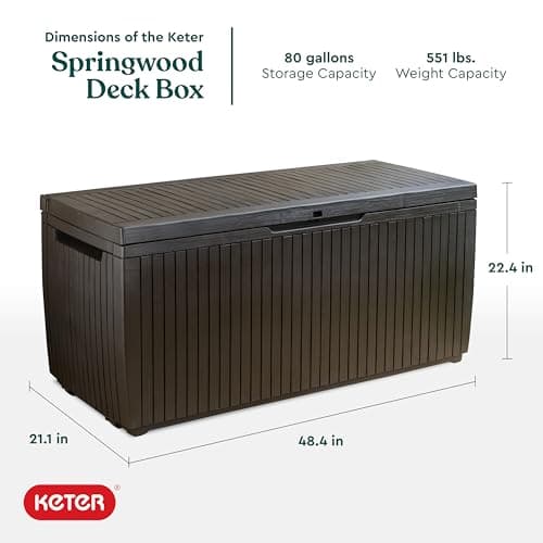 Keter Springwood 80 Gallon Resin Outdoor Storage Box for Patio Furniture Cushions and Garden Tools with Handles, Brown