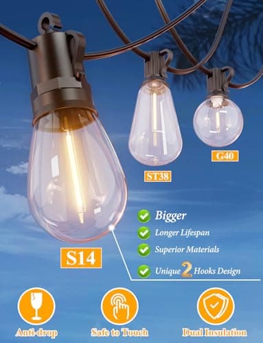 Brightever LED Outdoor String Lights, 60FT Patio Lights with 17 Shatterproof S14 Vintage Edison Bulbs(1 Spare), Outside Hanging Light Waterproof for Porch, Garden, Deck, Backyard, 2700K Dimmable