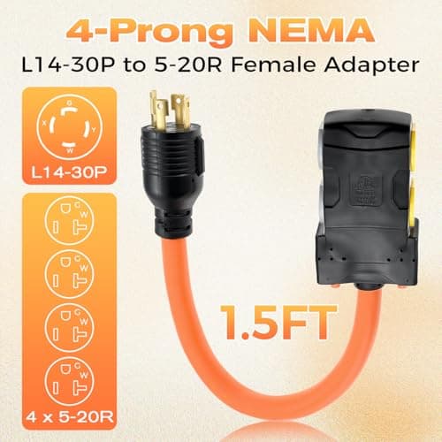 1.5FT 4-Prong NEMA L14-30P Generator Locking to NEMA 5-20R/ 5-15R Generator Distribution Adapter for 30 Amp to 20 Amp 110V Household Breaker