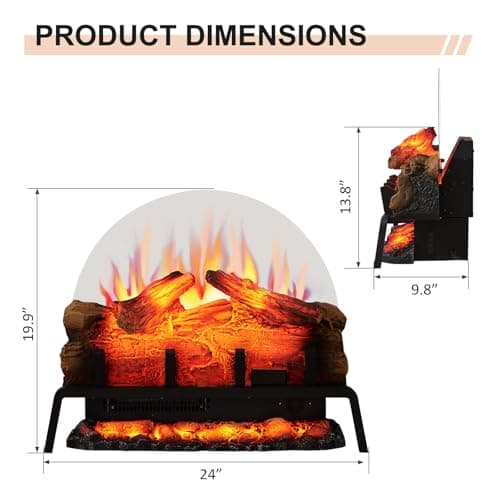PuraFlame 24" Free Standing Electric Fireplace Log Set Insert, 750W/1500W Heater, 6 Flame Colors with 5 Brightness, Crackling Sound, Remote Control
