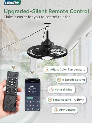 LEDIARY 20" Outdoor Ceiling Fan with Lights,IP65 Waterproof Gazebo Hanging Fan with Remote Control Smart App, Plug in Caged Ceiling Fan with 3CCT 6-Speeds for Patio Porch Pergola(Black)