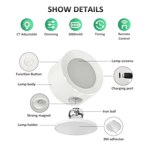 LED Wall Sconces 2 Pcs with Remote, Wall Mounted Lights Rechargeable Battery Operated, 3 Color Temperatures & Dimmable Wall Lamp Magnetic 360° Rotation Wireless Light for Bedroom Living Room