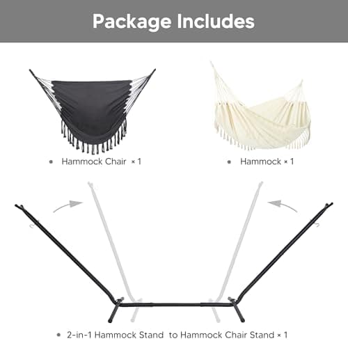 SUNCREAT 2-in-1 Convertible Portable Double Hammock with Stand Included, Outdoor Hammock and Stand, Patent Pending, Natural Tassel