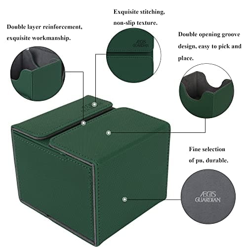 AEGIS GUARDIAN Card Deck Box with Dice Tray for MTG Cards, Commander Deck Box fit 150+ Sleeved Cards, PU Leather Card Storage Box Strong Magnet Deck Game Case for TCG CCG, Green