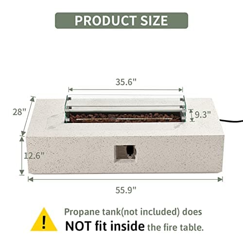 COSIEST Outdoor Propane Fire Pit Table 56" x 28" Rectangle Beige Compact Concrete-Like Finish, CSA Certified, 50,000 BTU,Wind Guard, Tank Outside, Free Lava Rocks, Fits 20lb Tank Outside, Raincover