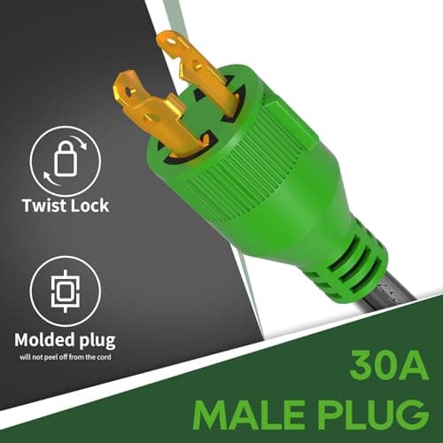 RVGUARD 4 Prong 30 Amp to 30 Amp RV Generator Adapter Cord 12 Inch, STW 10/3, L14-30P Locking Male Plug to TT-30R Female with LED Power Indicator, Green