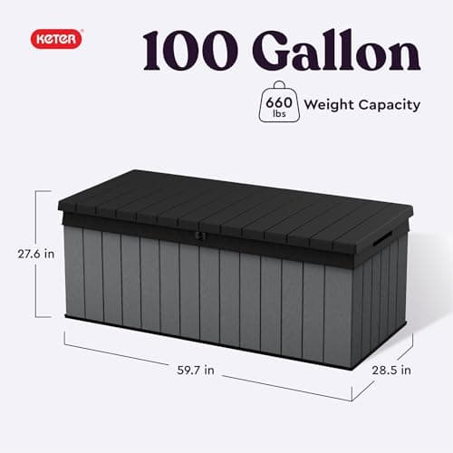 Keter Darwin 100 Gallon Resin Large Deck Box Organization and Storage for Patio Furniture, Outdoor Cushions, Garden Tools, Grey & Black