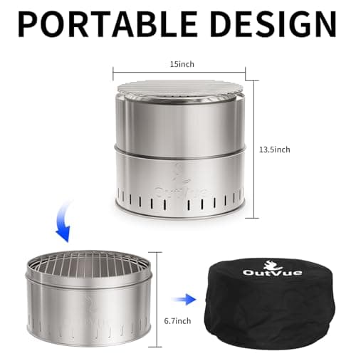 15.5 inch Stainless Steel Smokeless Fire Pit with Tote Bag, Outdoor Smokeless Firepit, Wood Burning Fire Pits for Camping, Bonfire, Low Smoke Firepit for Outside (Vertical Hole)