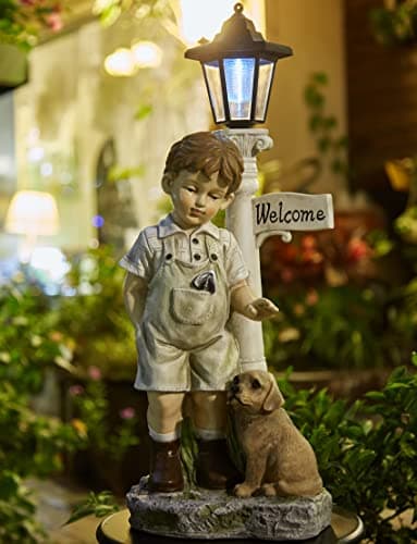 Solar Boy Statue Welcome Sign Garden Statues for Garden Decor, Porch, Lawn, Yard Art Decorations, Resin 23.2H inch