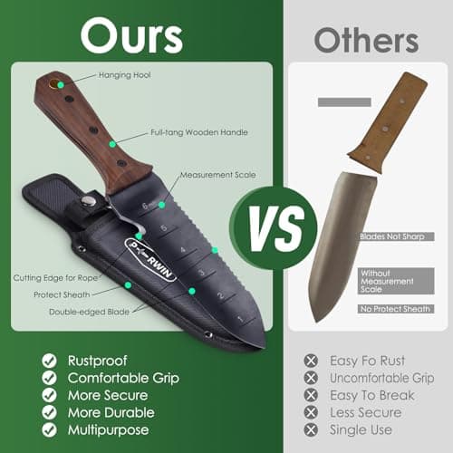 Hori Hori Garden Knife, Garden Tools with Sheath for Weeding,Planting,Digging, 7" Stainless Steel Blade with Cutting Edge, Full-Tang Wood Handle with Hanging Hole