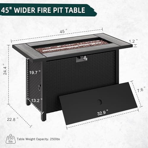 SUNLEI 45" Gas Fire Pit Table, 2 in 1 Fire Pits & Outdoor Fireplaces with Removable Lid & Waterproof Cover, 50000 BTU Patio Outdoor Propane Fire Pits with Lava Rock and Alumium Frame Tables
