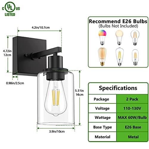 Licperron Black Vanity Wall Sconces Set of Two, Modern Sconces Wall Lighting Fixture with Clear Glass Shade for Bathroom, Industrial Metal Wall Mount Lamp for Bedroom Mirror Living Room